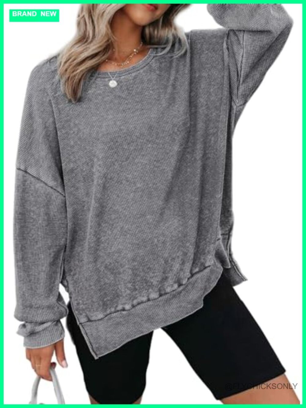 Waffle Knit Oversized Sweatshirt Crewneck Side Slits Pullover